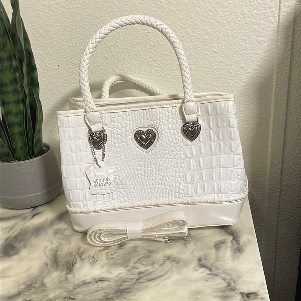 White Croc-Embossed Leather Handbag